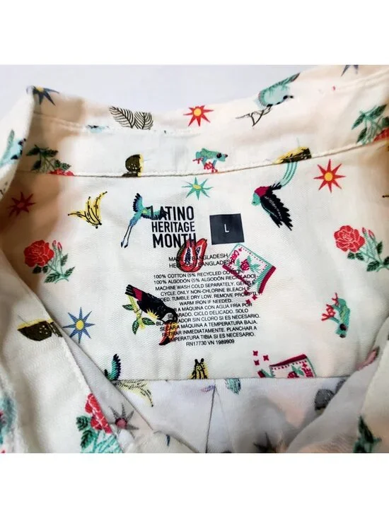 Latino Heritage Month Button-Up Shirt With Colorful Patterns Collared Neckline L - Picture 6 of 7